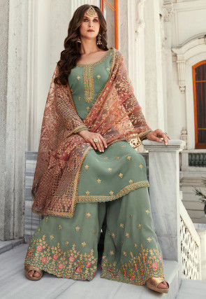 Embroidered Georgette Pakistani Suit in Dusty Blue