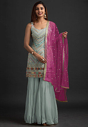 Embroidered Georgette Pakistani Suit in Dusty Blue