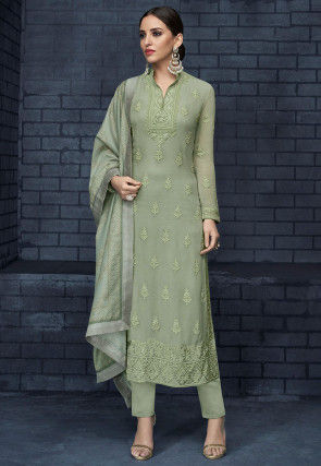 Embroidered Georgette Pakistani Suit in Dusty Green