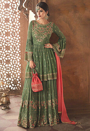 Embroidered Georgette Pakistani Suit in Dusty Green