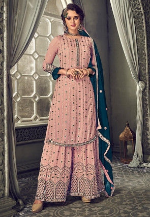 Embroidered  Georgette Pakistani Suit in Dusty Peach