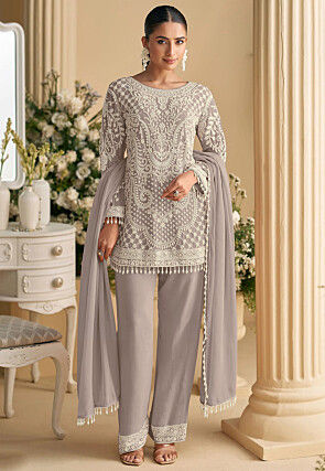 Embroidered Georgette Pakistani Suit in Grey