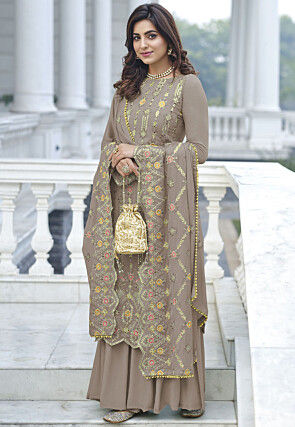Embroidered Georgette Pakistani Suit in Fawn