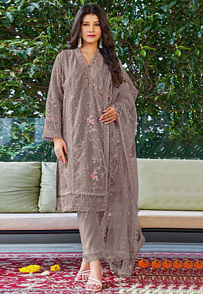 Embroidered Georgette Pakistani Suit in Fawn