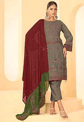 Embroidered Georgette Pakistani Suit in Fawn