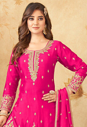Embroidered Georgette Pakistani Suit in Fuchsia