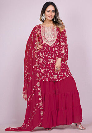 Embroidered Georgette Pakistani Suit in Fuchsia