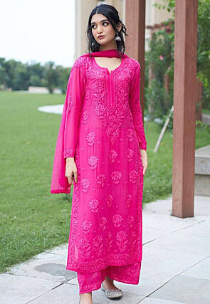 Embroidered Georgette Pakistani Suit in Fuchsia