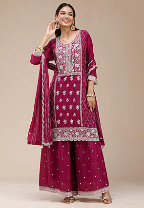 Embroidered Georgette Pakistani Suit in Fuchsia