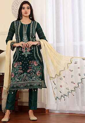 Embroidered Georgette Pakistani Suit in Green