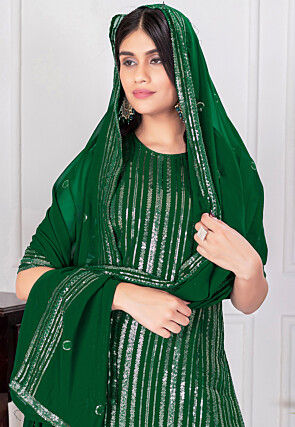 Embroidered Georgette Pakistani Suit in Green