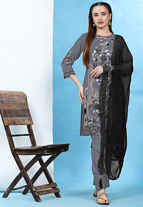 Embroidered Georgette Pakistani Suit in Grey