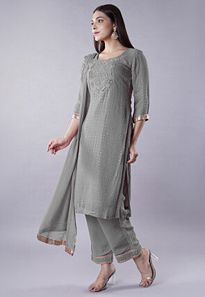 Embroidered Georgette Pakistani Suit in Grey