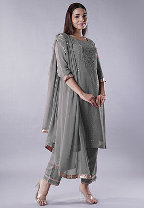 Embroidered Georgette Pakistani Suit in Grey