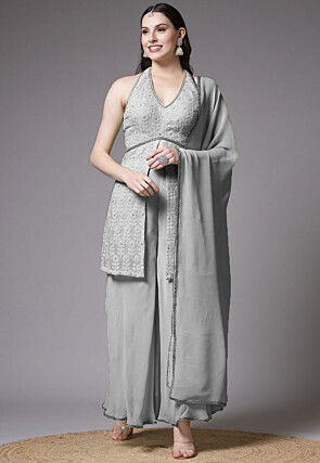 Embroidered Georgette Pakistani Suit in Grey