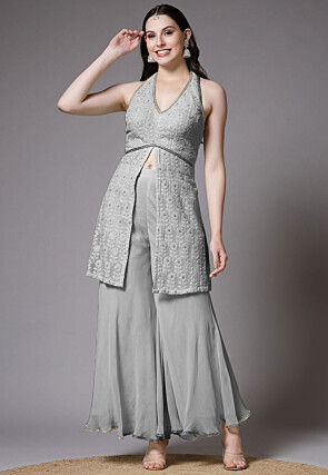 Embroidered Georgette Pakistani Suit in Grey