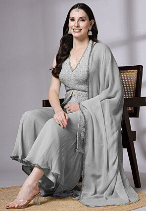 Embroidered Georgette Pakistani Suit in Grey