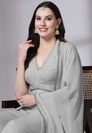 Embroidered Georgette Pakistani Suit in Grey