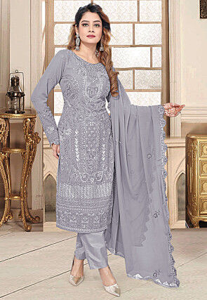 Embroidered Georgette Pakistani Suit in Grey