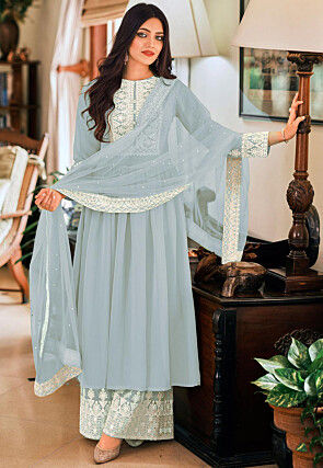 Embroidered Georgette Pakistani Suit in Grey