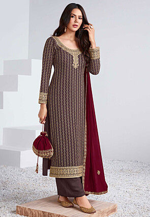 Embroidered Georgette Pakistani Suit in Grey