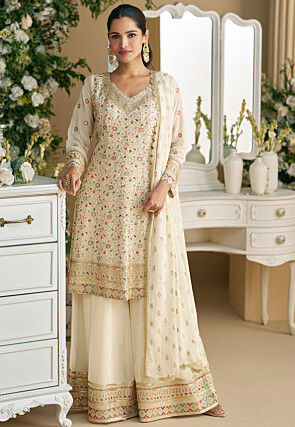 Embroidered Georgette Pakistani Suit in Light Beige