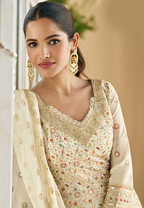 Embroidered Georgette Pakistani Suit in Light Beige