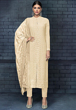 Embroidered Georgette Pakistani Suit in Light Beige