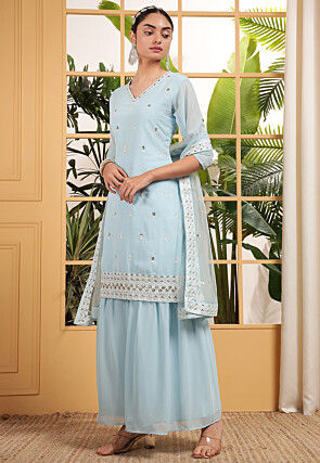 Embroidered Georgette Pakistani Suit in Light Blue