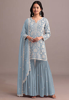 Embroidered Georgette Pakistani Suit in Light Blue