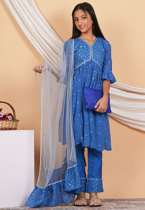 Embroidered Georgette Alia Cut Pakistani Suit in Light Blue