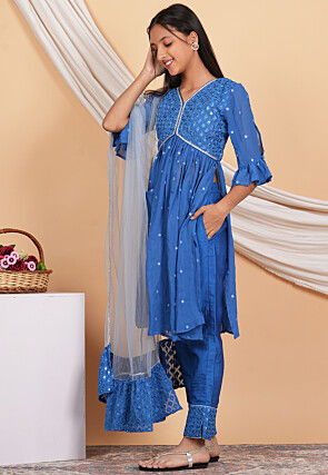 Embroidered Georgette Alia Cut Pakistani Suit in Light Blue