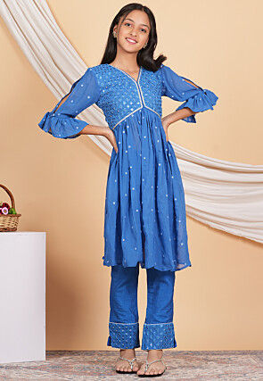 Embroidered Georgette Alia Cut Pakistani Suit in Light Blue