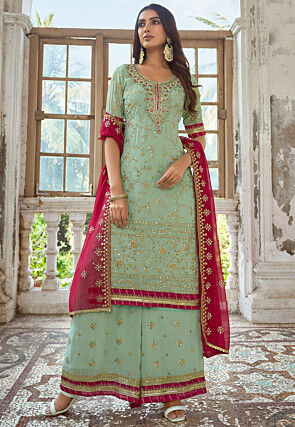 Embroidered Georgette Pakistani Suit in Light Green