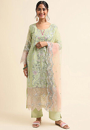 Embroidered Georgette Pakistani Suit in Light Green