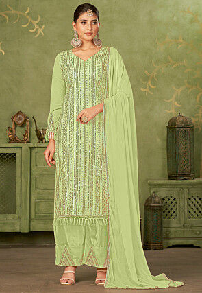 Embroidered Georgette Pakistani Suit in Light Green