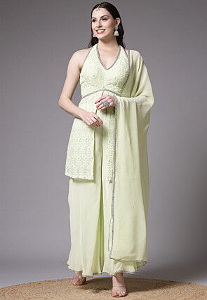 Embroidered Georgette Front Slit Pakistani Suit in Light Green