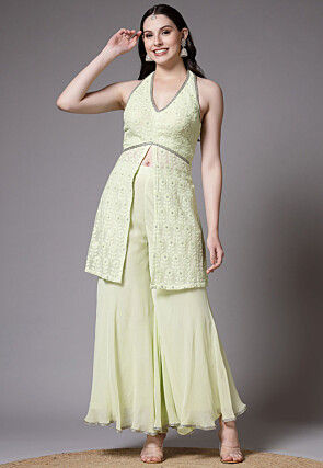 Embroidered Georgette Front Slit Pakistani Suit in Light Green