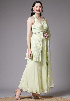 Embroidered Georgette Front Slit Pakistani Suit in Light Green