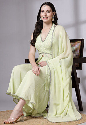 Embroidered Georgette Front Slit Pakistani Suit in Light Green