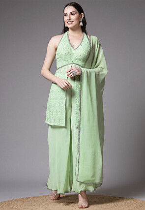 Embroidered Georgette Pakistani Suit in Light Green