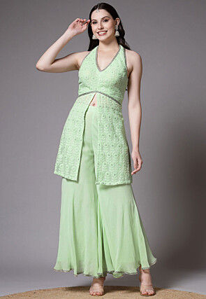 Embroidered Georgette Pakistani Suit in Light Green