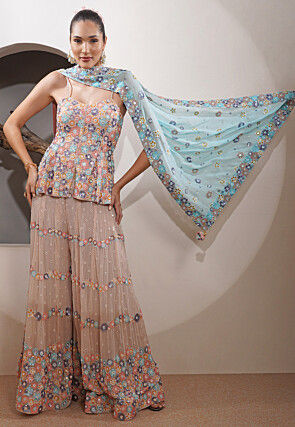 Hand Embroidered Georgette Pakistani Suit in Light Peach