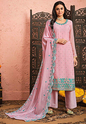 Light Pink Embellished Georgette Embroidered Designer Pakistani Suit –  Apparel Designer