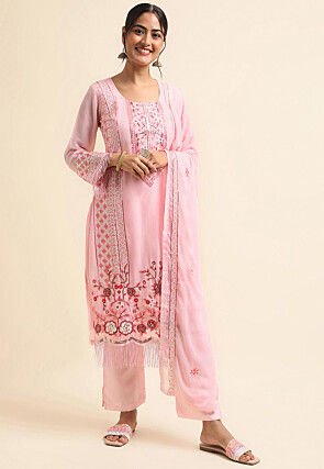 Embroidered Georgette Pakistani Suit in Light Pink