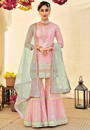 Embroidered Georgette Pakistani Suit in Light Pink