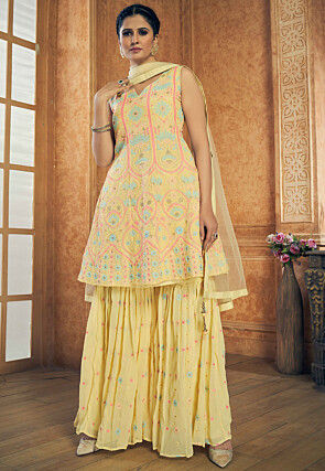 Embroidered Georgette Pakistani Suit in Light Yellow
