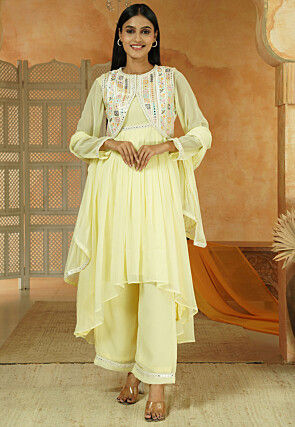 Embroidered Georgette Pakistani Suit in Light Yellow
