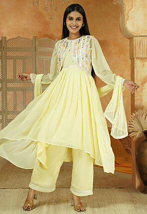 Embroidered Georgette Pakistani Suit in Light Yellow