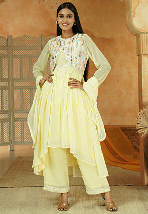 Embroidered Georgette Pakistani Suit in Light Yellow